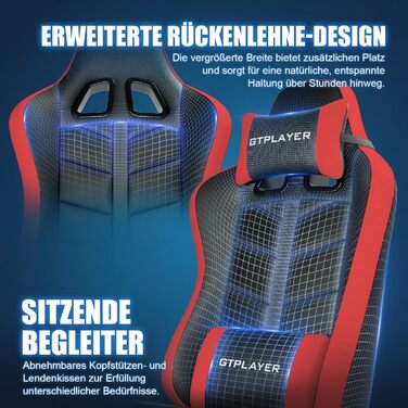 Ігрове крісло GTPLAYER, офісне крісло, геймерське крісло, ергономічне ігрове крісло з підставкою для ніг, крісло для ПК зі штучної шкіри з розширеною спинкою, вантажопідйомність 150 кг, червоне