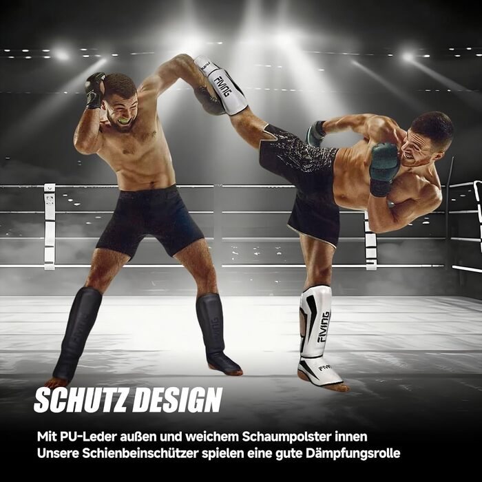 Щитки для гомілок FIVING MMA для бойових мистецтв мякі, регульовані щитки для тайського боксу із захистом підйому стопи, підходять для тренувань та спарингів з тхеквондо/змішаних бойових мистецтв, розмір M, чорні