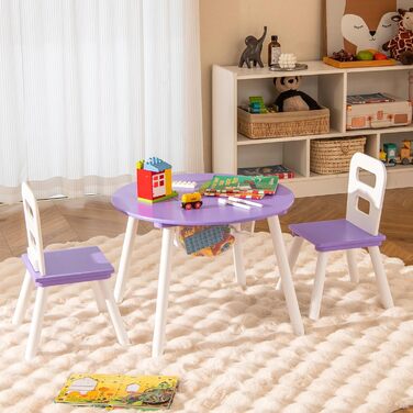 Дитячий стіл DREAMADE з 2 стільцями, 3-предметний дерев&39яний дитячий комплект сидіння зі знімною кришкою та сіткою для зберігання, комплект дитячого столу та стільців, комплект меблів для дитячої кімнати 3-7 років, фіолетовий