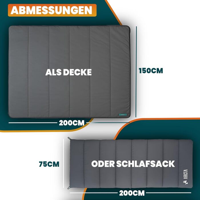 Спальний мішок для кемпінгу ARCTA 3-в-1 Можна використовувати як спальний мішок-ковдру, пальто або плед 3-сезонний спальний мішок для дорослих, теплий та легкий, бавовняна підкладка, підходить для використання на вулиці, 20075 см
