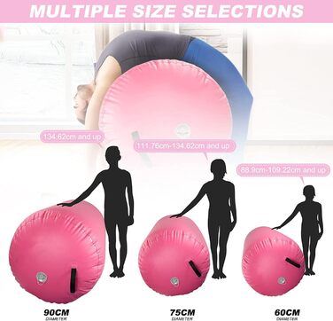 Надувний гімнастичний повітряний валик, надувні повітряні ролики, повітряний валик, гімнастичний валик, повітряна бочка для тренувань балансу, валик для йоги, колона для вправ з ПВХ циліндра для домашнього використання, 120x75 см, рожевий