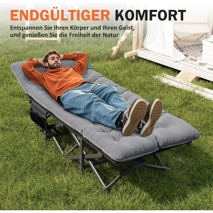 Розкладне кемпінгове ліжко, розкладне гостьове ліжко до 200 кг, з бічною кишенею, портативний кемпінговий шезлонг, для використання на природі, в саду, для подорожей, кемпінгу та в приміщенні (сіре)