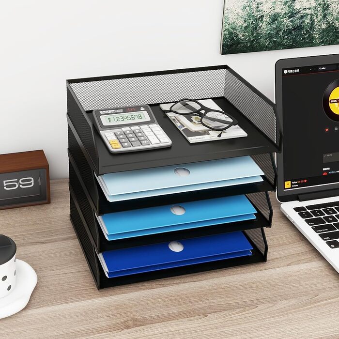 Лоток для документів PUNCIA A4, лоток для листів з 4 металевими відділеннями, органайзер для файлів, лоток для паперу, система для зберігання документів, тримач для документів для офісу, навчання, школи, чорний, 32 x 24,5 x 30 см