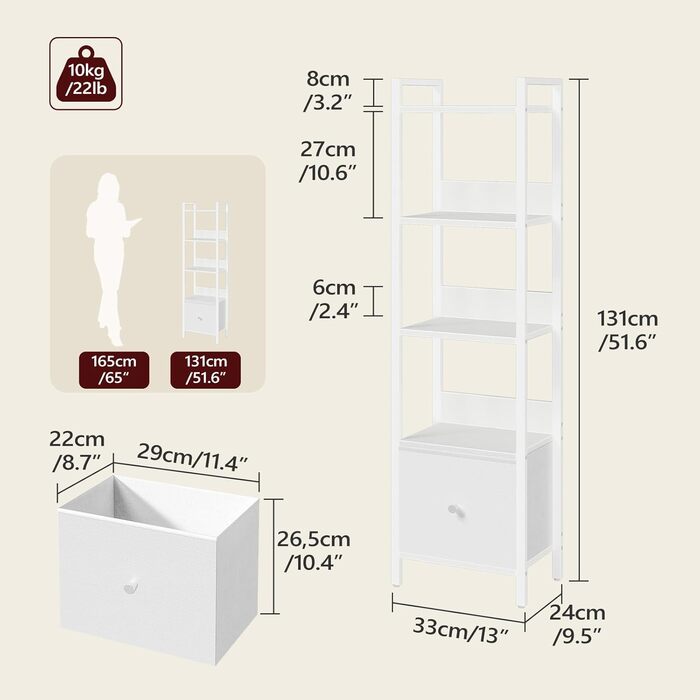 Книжкова полиця, окремостояча полиця з шухлядою, 33 x 24 x 131 см, книжкова шафа з 5 полицями, окремостояча книжкова шафа, для вітальні, спальні, офісу, біла ABKWT55101 5 полиць (33 x 24 x 131 см) Біла
