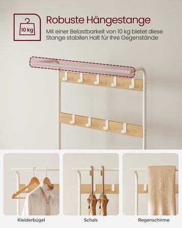 Вішалка для одягу VASAGLE, Шафа з лавкою для взуття, Дизайн 4-в-1, 9 знімних гачків, Штанга для одягу, Вхідна зона, Коридор, 33,7 x 72 x 183 см, Сучасний, Дубово-білий HSR40W 72B см Кремовий