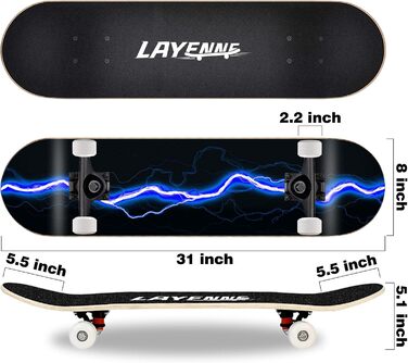 Скейтборд Blitz, 31 x 8 дюймів, 8-шарова кленова дека, симетрично скошена з обох кінців, підходить для хлопчиків, дівчаток, підлітків, вуличних скейтбордистів, дорослих, початківців, надзвичайно широкий, синій