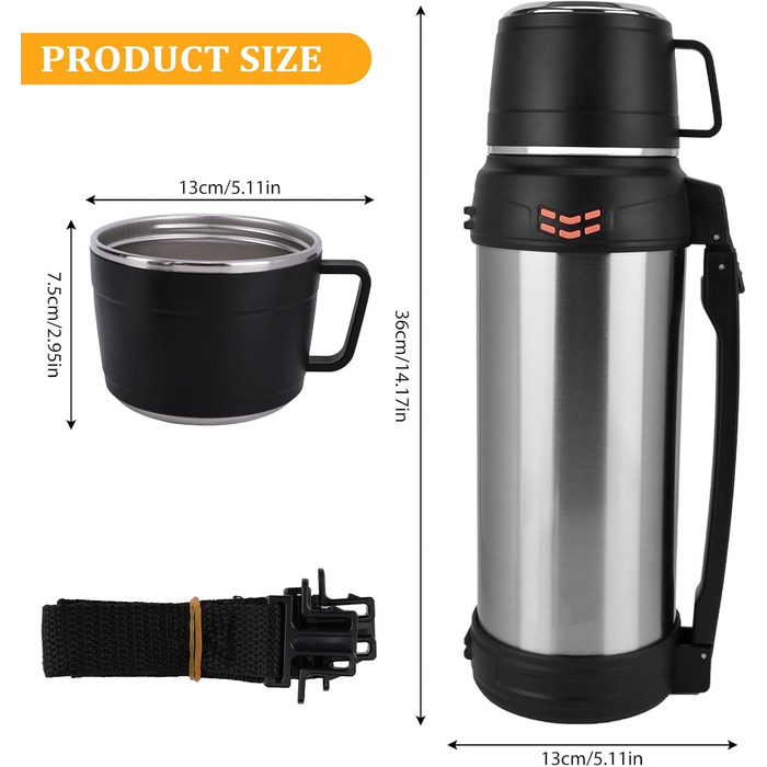 Вакуумно-ізольована пляшка місткість 2 л, металева пляшка для води з нержавіючої сталі для гарячих та холодних напоїв, термопляшка з чашкою без бісфенолу А, портативна дорожня пляшка для води з ручкою для перенесення, 2000 мл