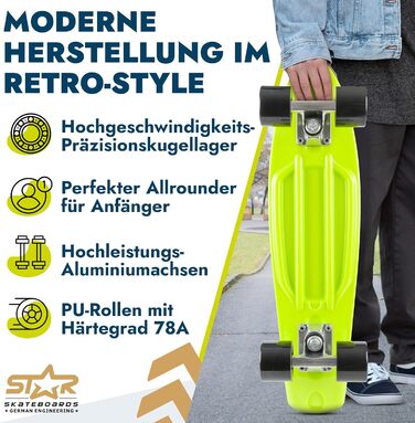 Скейтборд BIKESTAR Vintage Retro Cruiser 60 мм - круїзерний скейтборд для дітей та дорослих, початківці від 6-8 років, ретро дизайн Gecko Green Devilish Black