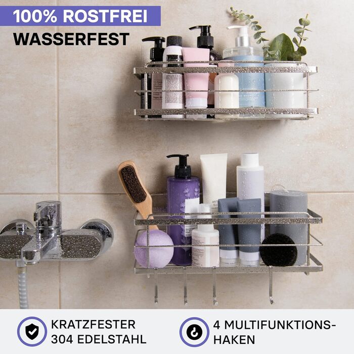 Душова полиця з нержавіючої сталі без свердління - Комплект 2 - Полиця з нержавіючої сталі самоклеюча для ванної кімнати з гачком