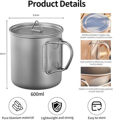 Титанова чашка для кемпінгу 600 мл, надлегка, з чистого титану, з сумкою для зберігання, для походів та трекінгу на свіжому повітрі