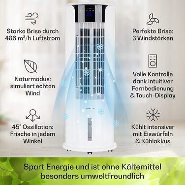 Мобільний повітроохолоджувач Klarstein, повітроохолоджувач 4-в-1, тихий вентилятор, зволожувач і нічний режим, кондиціонер без витяжного шланга, мобільний кондиціонер з водяним охолодженням, 486 м/год, 60 Вт, античний білий