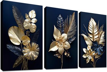 Панелі 3D темно-сині золоті квіти з рамкою Полотно Картини Монстера Кокосове листя Картина на полотні Картина Плакат Настінне мист