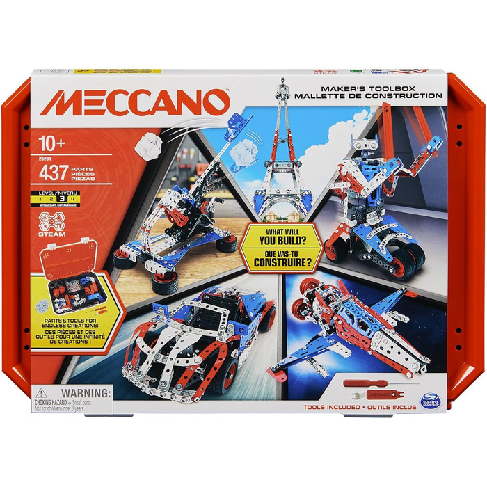 Конструктор BANDAI Meccano Baukoffer 5-в-1 транспорт, роботи, Ейфелева вежа 437 деталей, інструменти та інструкція, ігровий набір для дітей від 10 років, APM20106