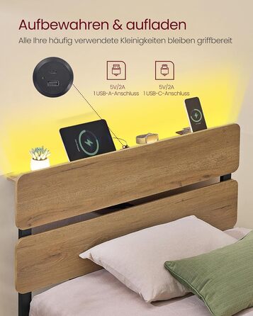 Каркас односпального ліжка VASAGLE, Ліжко, 90 x 200 см, Металевий каркас, Світлодіодне освітлення, Порти USB-A та USB-C, Місце для зберігання під ліжком, Індустріальний стиль, Легке складання, Натуральний коричневий RMB102K01