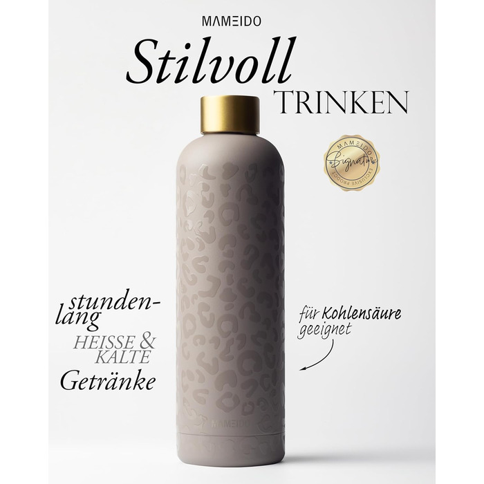 Термос MAMEIDO 1 л, герметична пляшка для пиття з нержавіючої сталі, підходить для газованих напоїв, без BPA, ізольована пляшка, зберігає напої гарячими протягом 12 годин і холодними протягом 24 годин (Sleek Leo Gold) 1000 мл Sleek Leo Gold
