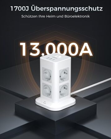 Захист від перенапруги на кілька розеток 3600 Вт 16А, розетка TESSAN 8 відділень USB C з декількома вилками, розетка з подовжуваче
