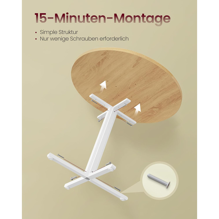 Круглий обідній стіл VASAGLE, маленький кухонний стіл для 4 осіб, сільський стиль, водостійка поверхня, діаметр 80 см, висота 74,8 см, для їдальні, вітальні, колір золотий дуб KDT082Y02