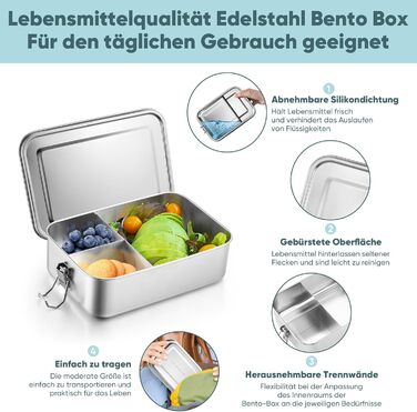Ланчбокс Joyfair з нержавіючої сталі, бенто-бокс з 3 відділеннями, герметичний контейнер для їжі для дорослих та дітей, металева коробка для сніданку/обіду для школи, пікніка та подорожей, можна мити в посудомийній машині 850 мл
