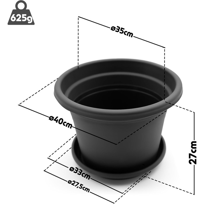 Набір із 4 круглих квіткових горщиків з блюдцями BigDean, ø 40 см, антрацит всепогодні кашпо, зроблені в Європі, антрацит, ø 40 см