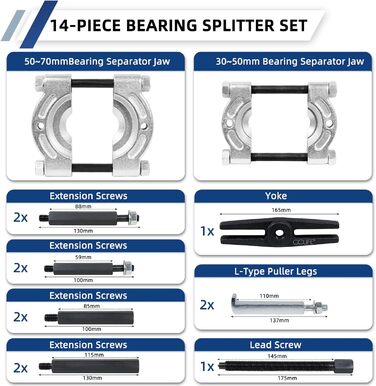 Набір знімачів підшипників Ніж сепаратора для знімача кулькових підшипників Знімач полюсів Знімач коліс Сепаратор 30-70 мм, 14 шт.