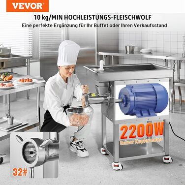 Професійна електром'ясорубка VEVOR 2200 Вт, продуктивність 9,98 кг/хв, з набором ножів та решіток, м'ясорубка з нержавіючої сталі для ресторанів та м'ясних лавок