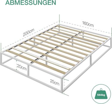 Каркас ліжка Novilla 160 x 200 см, висота каркаса ліжка 25 см, каркаси ліжка з рейковою основою, дерев&39яна рейкова опора, місце для зберігання під ліжком, білий 160 x 200