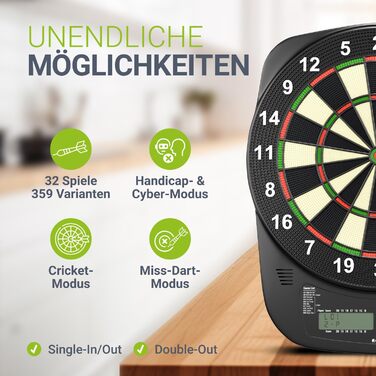 Електронна мішень для дартсу Juskys з 32 іграми та 359 варіаціями, РК-дисплеєм, USB-C, дартсами та аксесуарами, до 8 гравців, живлення від мережі та від батарейок