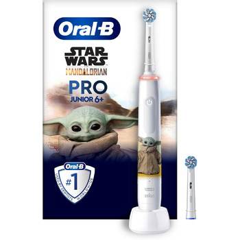 Електрична зубна щітка Oral-B Pro Junior Star Wars для дітей віком від 6 років, 2 насадки для щітки, контроль тиску на 360, 2 режими чищення, включаючи чутливу для догляду за зубами, мяка щетина, білий