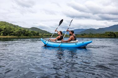 Каяк Bestway Hydro-Force Cove Champion X2 Надувний човен з ручним насосом, веслом, сидіннями, ластами та сумкою для зберігання Двомісний 331 x 88 x 45 см, синьо-сірий