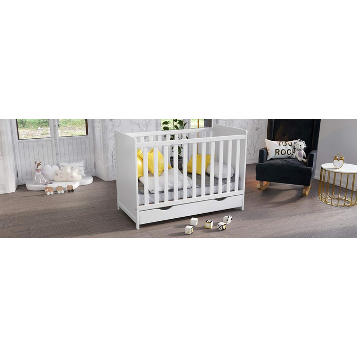 Дитяче ліжко Love For Sleep 120x60 см, біле, з шухлядою та захистом від падіння дерев&39яне ліжечко, 3-позиційна регульована висота рейкова основа, що трансформується в ліжечко для малюків, захисний бар&39єр у комплекті