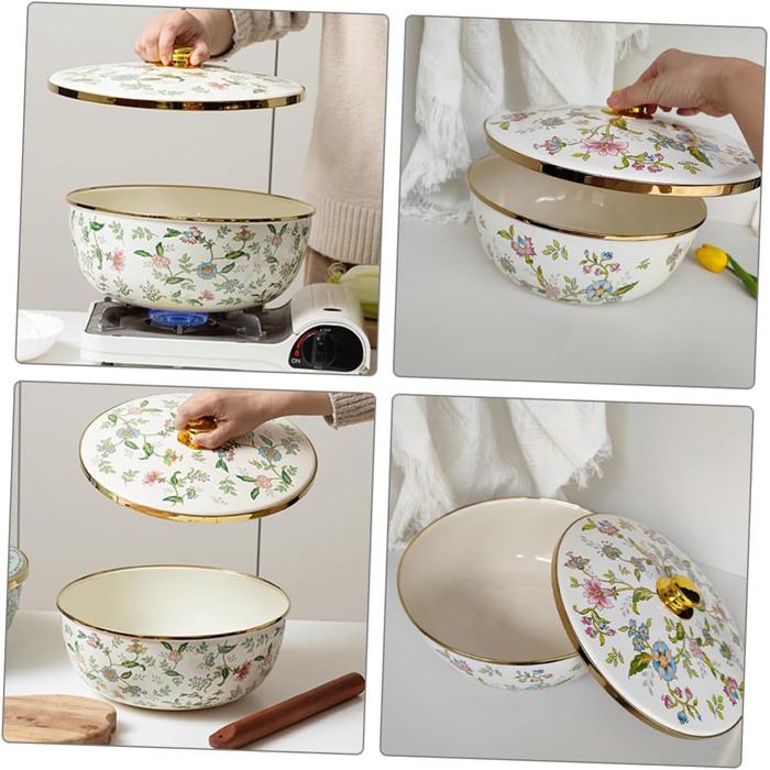 Емальована миска для супу Alipis з кришкою, велика кухонна миска для змішування 29 см, багатоцільова емальована миска для зберігання та приготування їжі