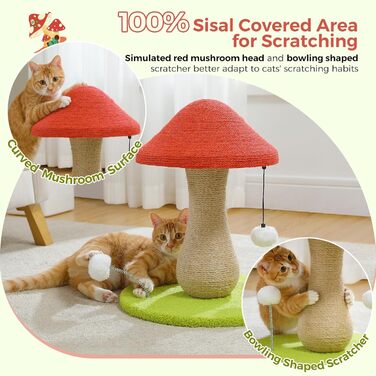 Когтеточка для котів PAWZ Road Cute, дряпалка для котів у формі грибів з когтеточкою в комплекті зі 100 сизалю та помпонами, іграшки для котів, котяче дерево-гриб для кімнатних котів.