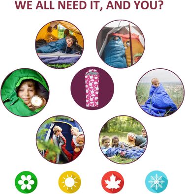 Дитячі спальні мішки Tuphen Кемпінгові спальні мішки з сумкою для перенесення Компактний спальний мішок для походів, подорожей з рюкзаком, 3 сезони, тепла та прохолодна погода, легкий, водонепроникний, для подорожей на природі, рожевий