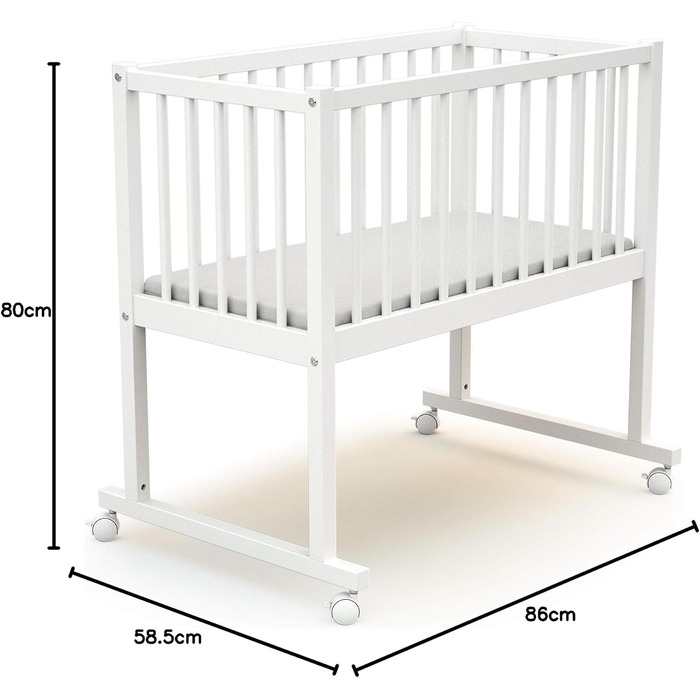 Дитяче ліжко-колиска, дерев&39яне з колесами, 40x80 см, ESSENTIEL Біле 86 x 58,5 x 80 см Дитяче ліжко з матрацом у комплекті (40x80x5 см) 4 колеса, що рухаються в різних напрямках Легко переміщувати, 4 -