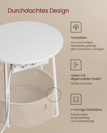 Круглий бічний столик VASAGLE, маленький столик, журнальний столик з розеткою, столик для вітальні, кошик з тканини, місце для зберігання у вітальні та спальні, сучасна тумбочка, матовий білий-верблюжий коричневий LET228W02 Матовий білий верблюжий коричне