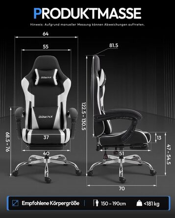 Ігрове крісло Dowinx, офісне крісло, масажне ігрове крісло з регульованими по висоті підлокітниками, ергономічне ігрове крісло з підставкою для ніг, м&39яке ігрове крісло, нахил спинки 150, до 180 кг, білий колір