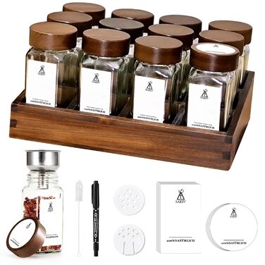 Екологічна підставка для спецій з деревини акації з 12 відділеннями Органайзер для 12 банок для спецій об&39ємом 120 мл Підставка для спецій з банками, 90 німецьких етикеток для спецій Постійна підставка для спецій Темно-червонувато-коричневий органайзер 