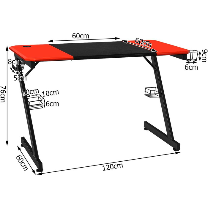 Ігровий стіл GIANTEX Z-подібної форми, ігровий стіл, комп&39ютерний стіл, стіл для ПК з підставкою для чашок/гачком для навушників/підставками для динаміків, ігровий стіл для дому або офісу, 120x60x76 см