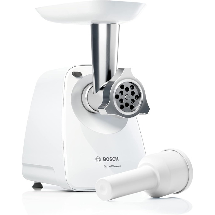 М'ясорубка Bosch SmartPower MFW2500W, електрична, маленька, компактна, одноступінчаста, потужна, 1 перфорований диск з нержавіючої