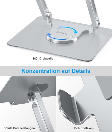 Підставка для ноутбука BoYata для столу, регульована з поворотною базою на 360, ергономічний складаний тримач для ноутбуків, сумісна з MacBook Pro/Air та ноутбуками до 17 дюймів срібляста