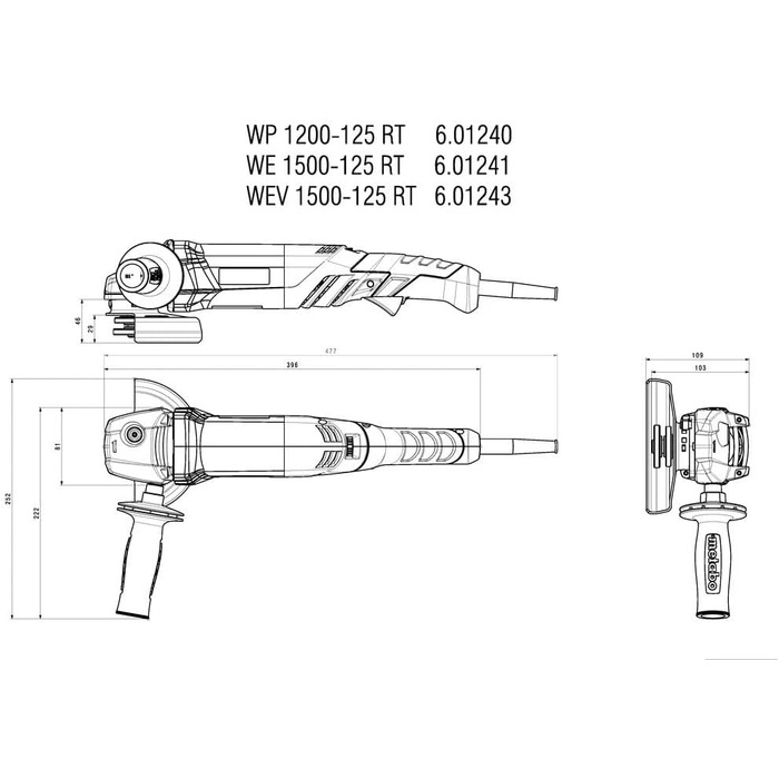 Кутова шліфувальна машина Metabo WEV 1500-125 Quick RT (601243500) у пластиковому корпусі з регулюванням швидкості, швидкозатискна