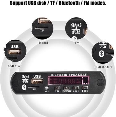 Карта декодера Bluetooth, 12 В постійного струму 5 В MP3 Декодер WMA Картка аудіо Бездротовий модуль Bluetooth зі слотом для карт USB і TF, підтримка модуля декодера MP3 Картка дзвінків у режимі гучного зв'язку, FM-радіо