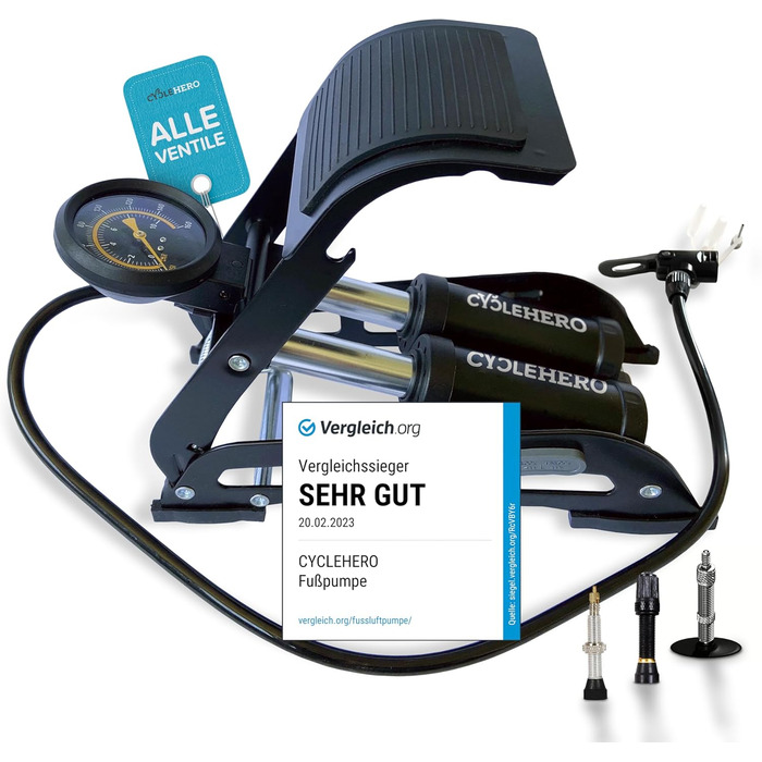 Ножний насос CYCLEHERO з подвійним циліндром та манометром - відзнака ДУЖЕ ДОБРЕ - для всіх клапанів, велосипедний, автомобільний
