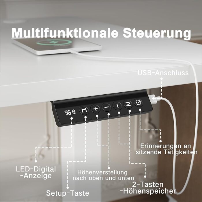 Стіл Flamaker з регульованою висотою, повна стільниця 110 x 53 см, електричний стіл, регульована висота для роботи сидячи та стоячи, комп&39ютерний стіл з функцією пам&39яті, стіл для роботи стоячи, білий, 110 x 53 см