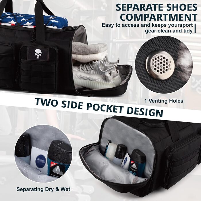 Тактична спортивна сумка для чоловіків, велика спортивна дорожня сумка 3-в-1 об&39ємом 70 літрів з відділенням для взуття, водонепроникний дорожній рюкзак для чоловіків та жінок, сумка для вихідних та ночівлі з відділенням для вологих речей. Розмір Чорний