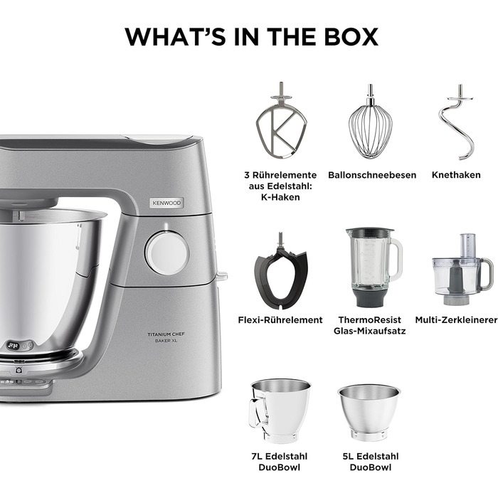 Кухонний комбайн з вбудованою шкалою та 2 чашами для змішування, 1200 Вт, в т.ч. набір кондитерських виробів з 4 предметів, насадка для скляного блендера та подрібнювач, срібло Titanium Chef Baker XL Silver, 85.424SI -