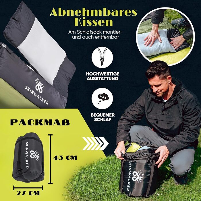 Зимовий спальний мішок SkinWalker для активного відпочинку на природі до -15C зі знімною флісовою ковдрою Зимовий спальний мішок для дорослих Спальний мішок та ковдра на 3-4 сезони, літо та зима, зелений