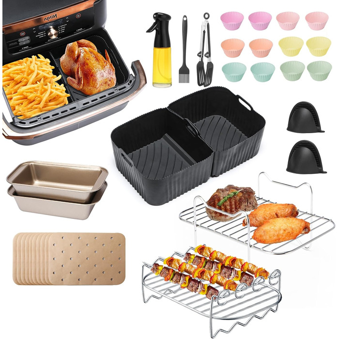 Аксесуари для фритюрниці, аксесуари для фритюрниці для Ninja AF500EU,AF500DE, включаючи силіконову форму, масляний спрей, решітку для приготування їжі, силікон форми для випічки, папір для випічки тощо 24 шт. и