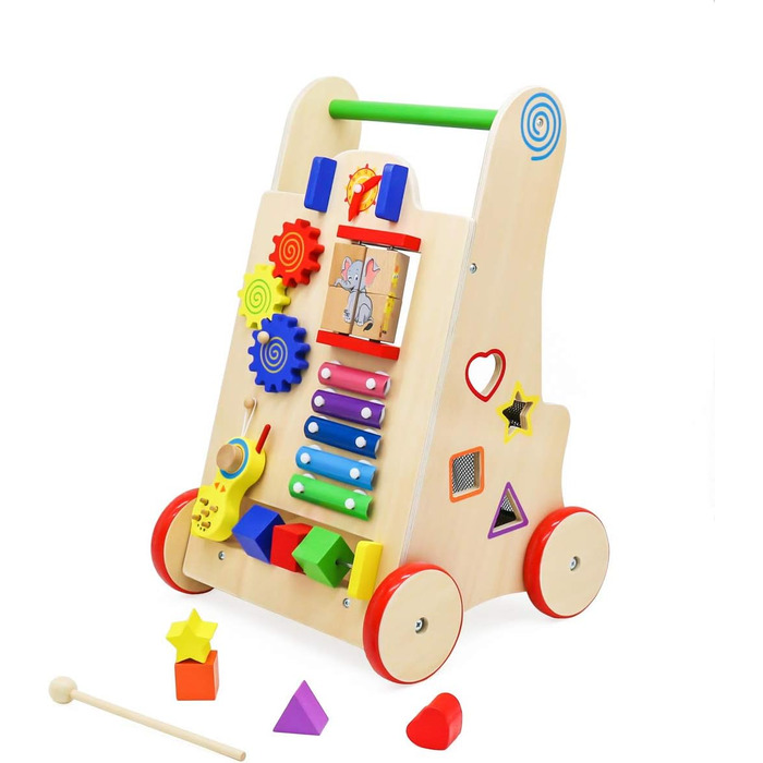 Дитячі ходунки IKONKA 6-в-1, навчальний кубик для перших кроків, іграшка для перенесення, рахування, визначення часу, сортування кольорів, розвитку дрібної моторики, дерев&39яні, веселі кольори, різнокольорові