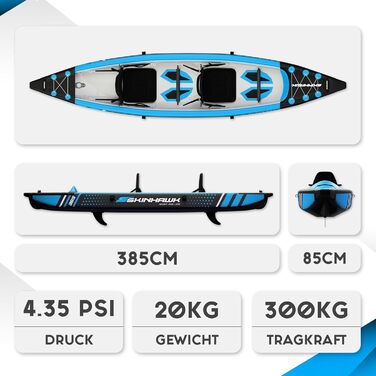 Надувний човен, Каное, Каяк для пригод 385 x 85 см, В комплекті сумка, насос, сидіння та алюмінієве весло, 385 Blue